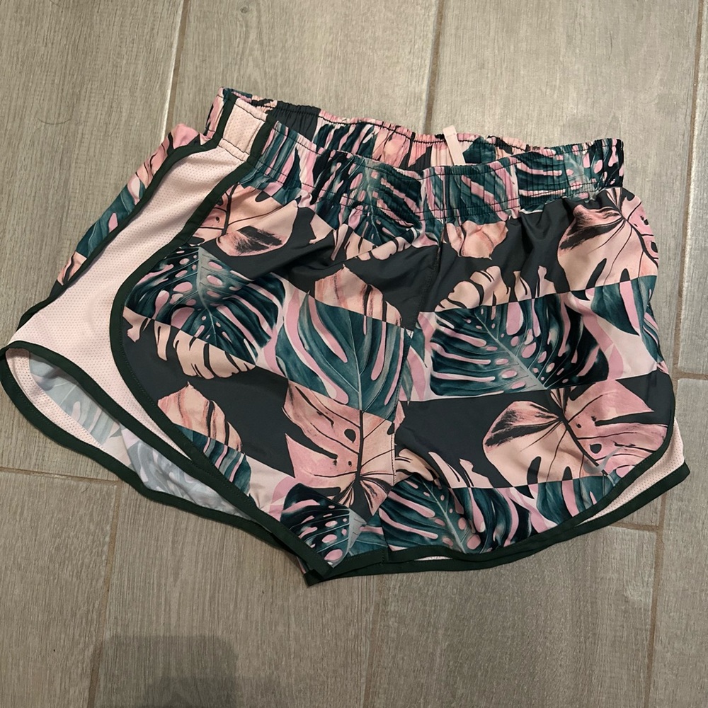 Nike Pink and Green Leaf Print Athletic Shorts
